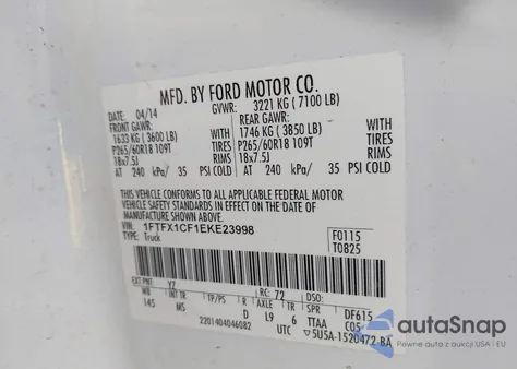 2014 Ford F-150 Xlt из США, поврежденный, VIN 1FTFX1CF1EKE23998